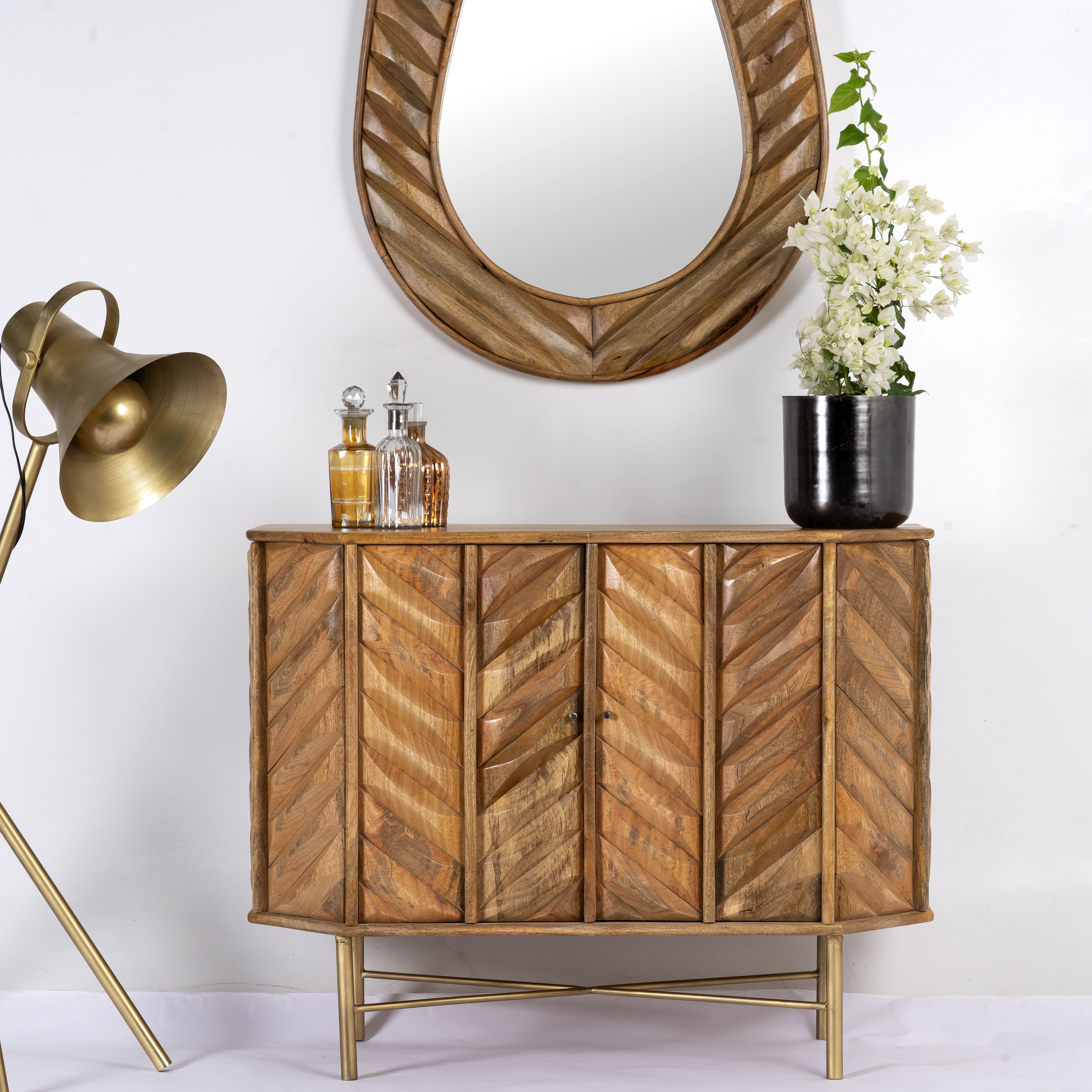 Handcrafted mango wood cabinet with raised chevron design and brass handles – Jayapal by Om Home & Garden
