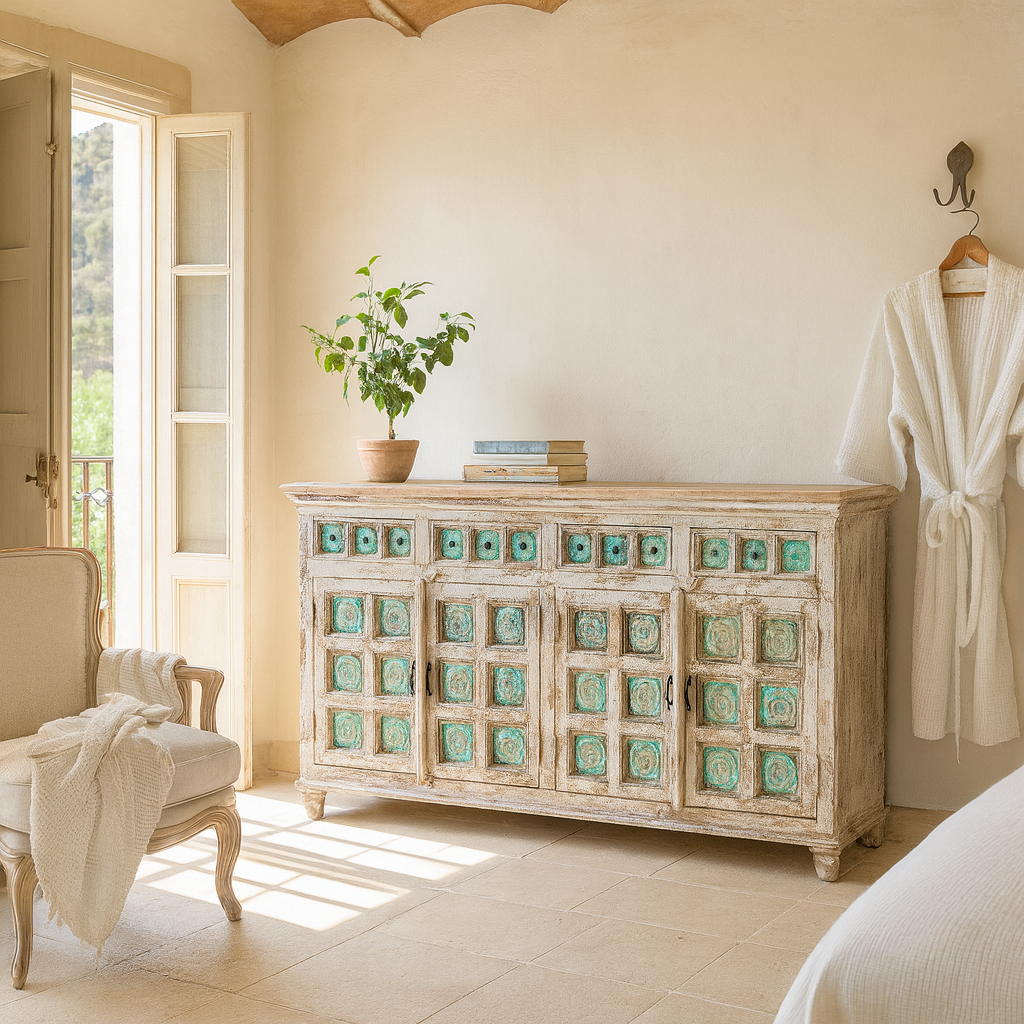 Lifestyle image of a hand-carved mango wood sideboard with green floral accents and vintage finish; perfect for bedroom furniture and bohemian interior style, 180 × 100 × 40 cm.