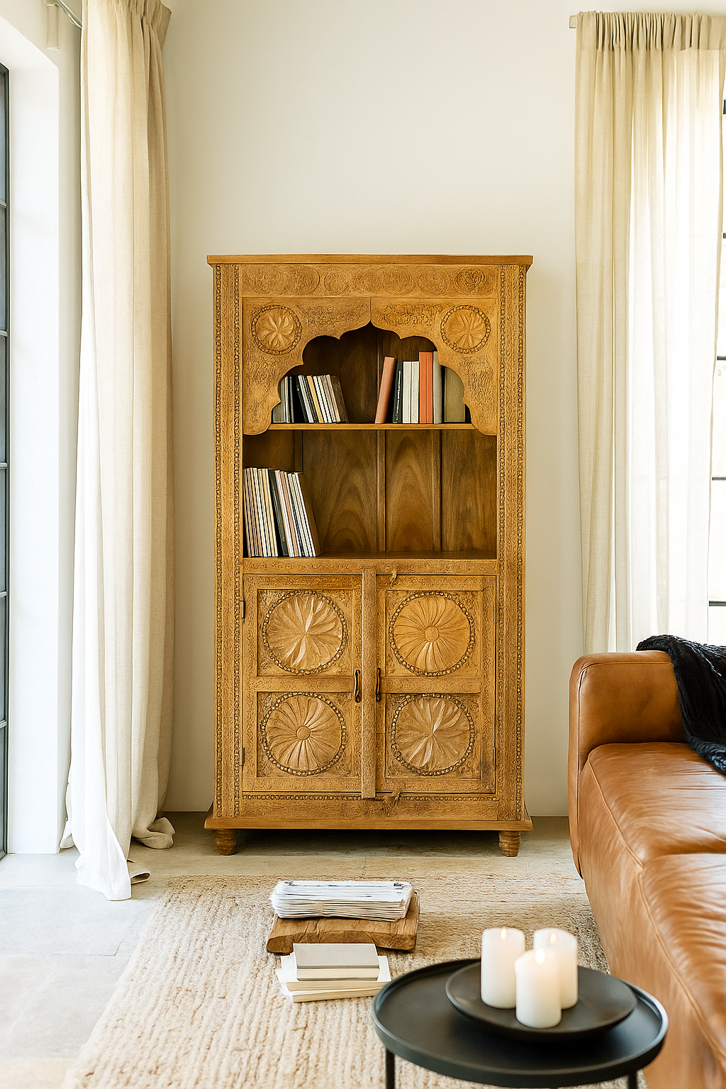 Lifestyle image of a hand-carved mango wood shelf with floral detailing, open shelf, and carved legs – carved wooden furniture in honey finish for rustic and Mediterranean interiors.