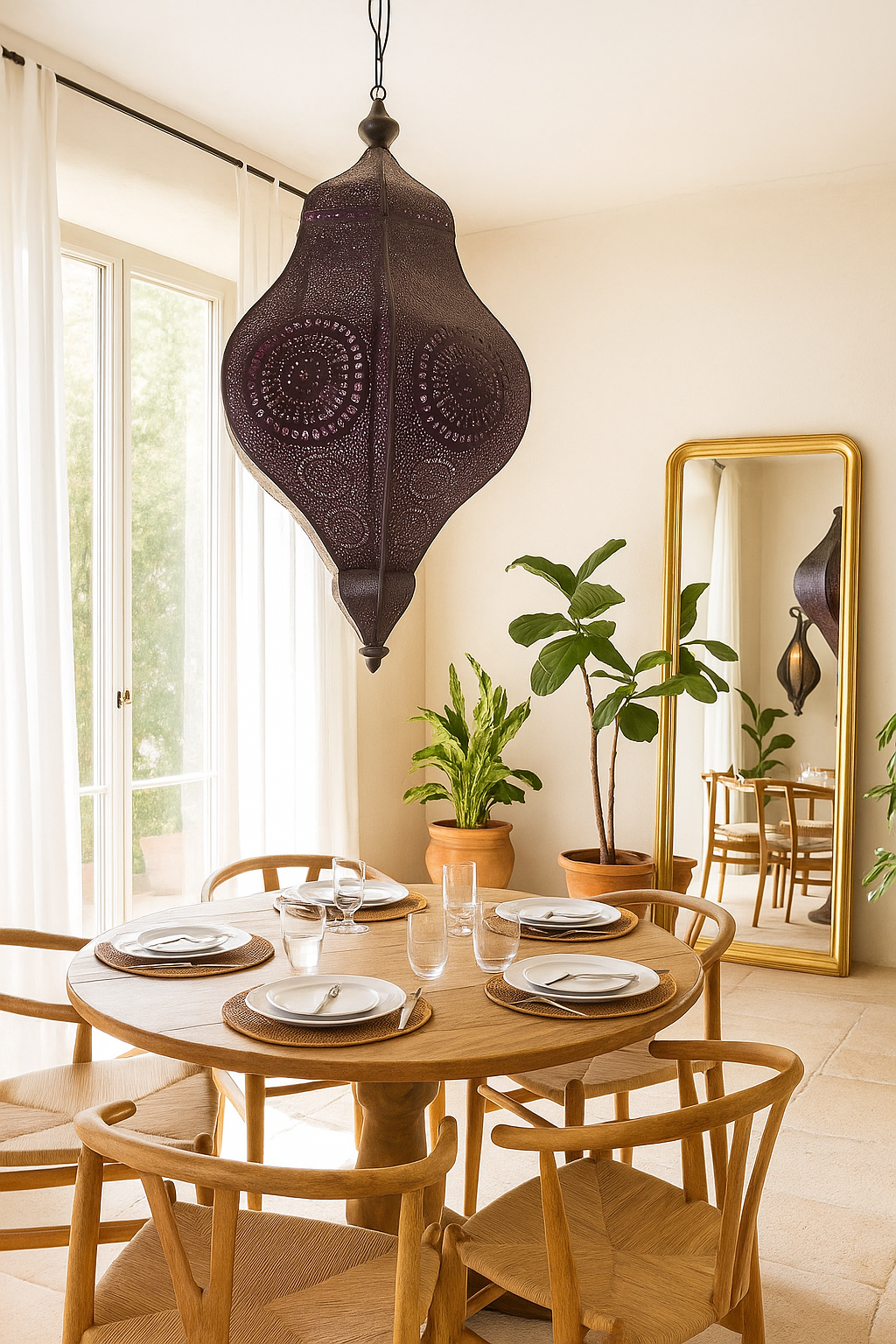 Lifestyle scene of a hand-punched oriental metal pendant lamp Kairav in antique finish – 80 cm tall decorative lighting with intricate perforations, ideal for cosy ambient light.