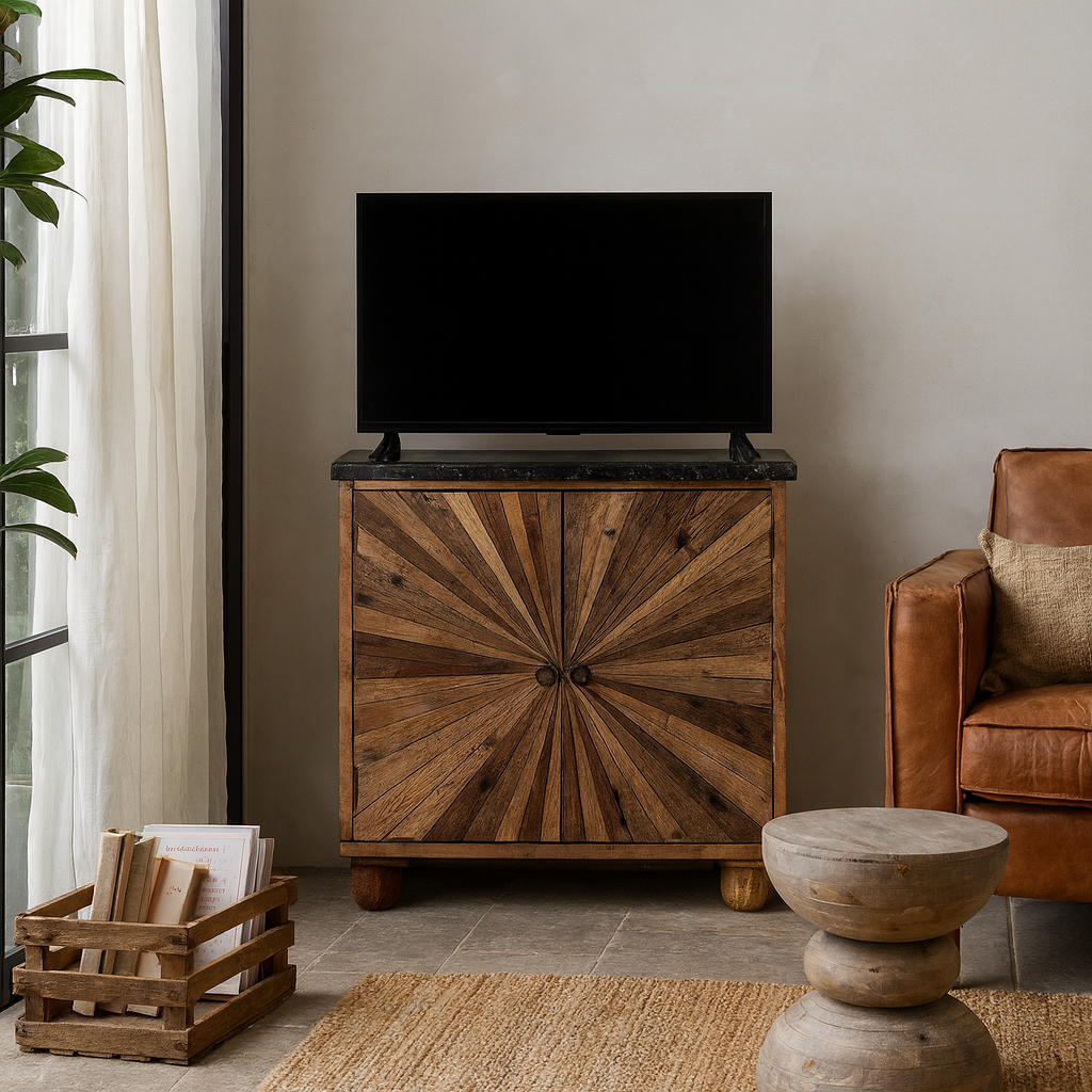 Lifestyle imagination of a driftwood furniture reclaimed wood sideboard with sunburst doors, sliding marble top, 90 × 40 × 90 cm.