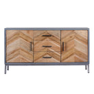 White background image of a handcrafted teak wood sideboard with parquet design and grey stainless steel frame—artisanal furniture ideal for a modern living room.