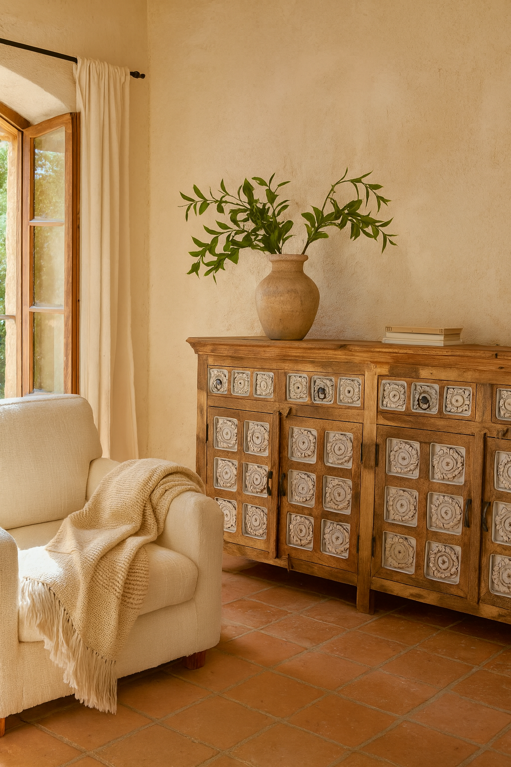 Hand-carved mango wood sideboard with whitewashed floral details; perfect as living room furniture or mango wood furniture for vintage interiors, 180 × 100 × 40 cm.