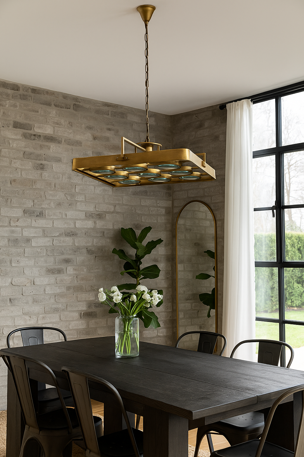 Lifestyle image of a unique pendant light with square brass-plated iron frame and magnifying blue and white glass inserts – a vintage lighting piece for kitchens, dining rooms, or living areas.