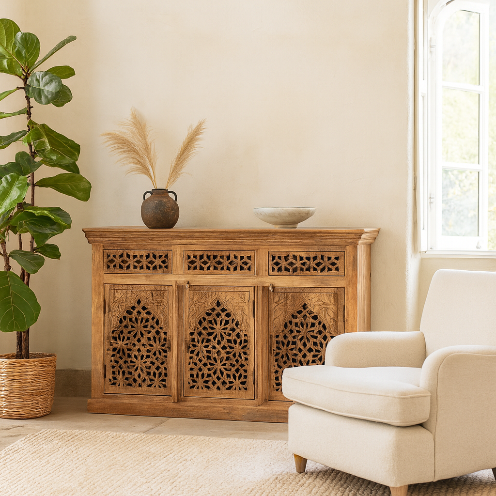 Hand-carved mango wood sideboard Kaveri with 6 compartments and 3 drawers, oriental-inspired mango wood furniture, 150 × 90 × 40 cm.