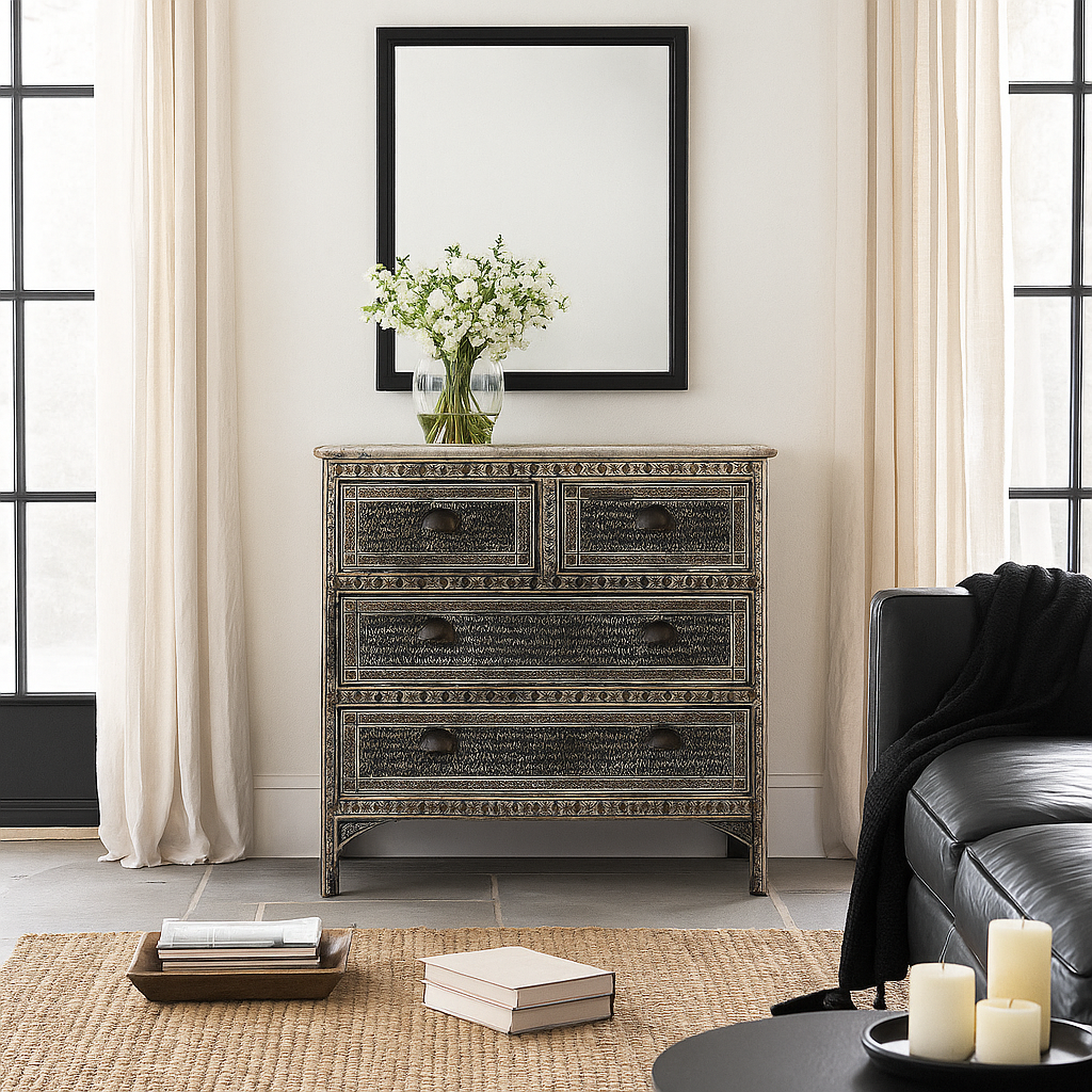 Lifestyle image of a hand-painted Indian chest of drawers made from recycled wood – unique furniture featuring colourful motifs and antique craftsmanship.