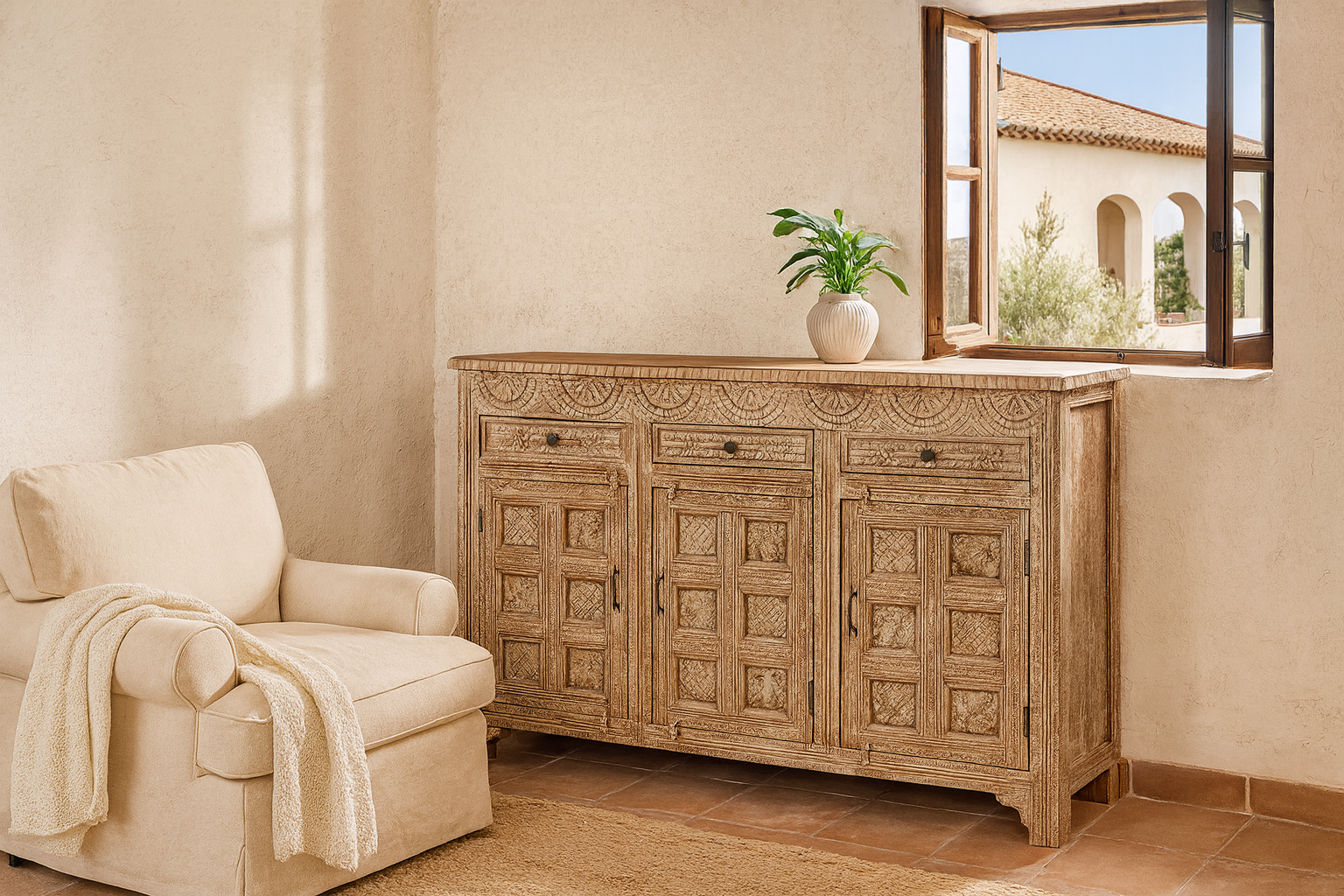 Lifestyle image of a hand-carved mango wood cabinet with three drawers and vintage distressed finish; ideal for mango wood furniture lovers and vintage home decor, 150 × 110 × 40 cm.