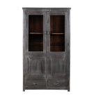 White background image of refurbished teak wood cabinet with shabby chic grey finish and glass-panelled doors – sustainable furniture for elegant living and dining spaces.