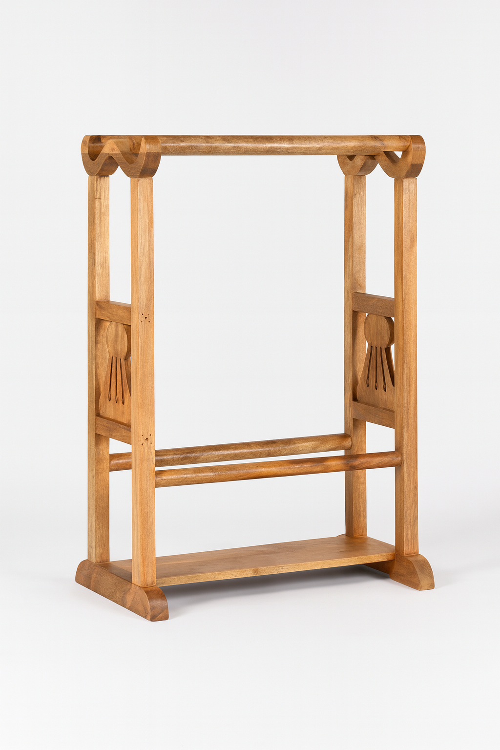 White background image of a wooden towel rack made from recycled teak wood with wave-shaped carved design; rustic bathroom furniture, 100 × 30 × 76 cm.