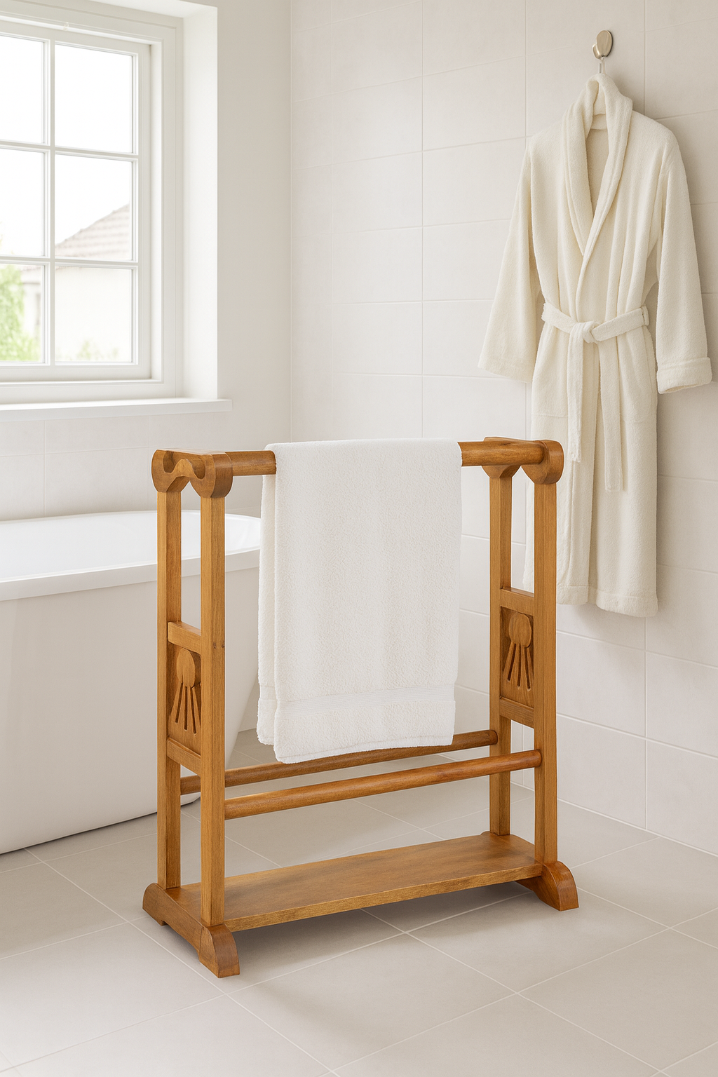 Lifestyle imagination of a wooden towel rack made from recycled teak wood with wave-shaped carved design; rustic bathroom furniture, 100 × 30 × 76 cm.