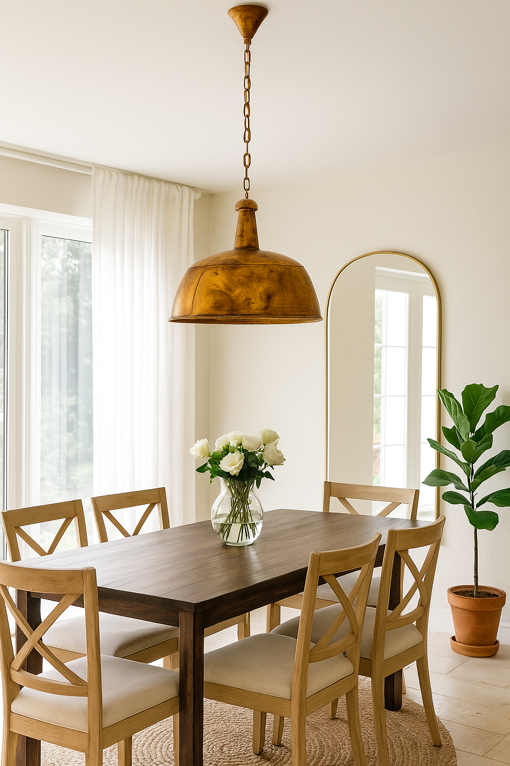 Lifestyle image of a gold-coloured iron pendant light with distressed finish – a handcrafted vintage lighting piece featuring a domed iron lamp shade.