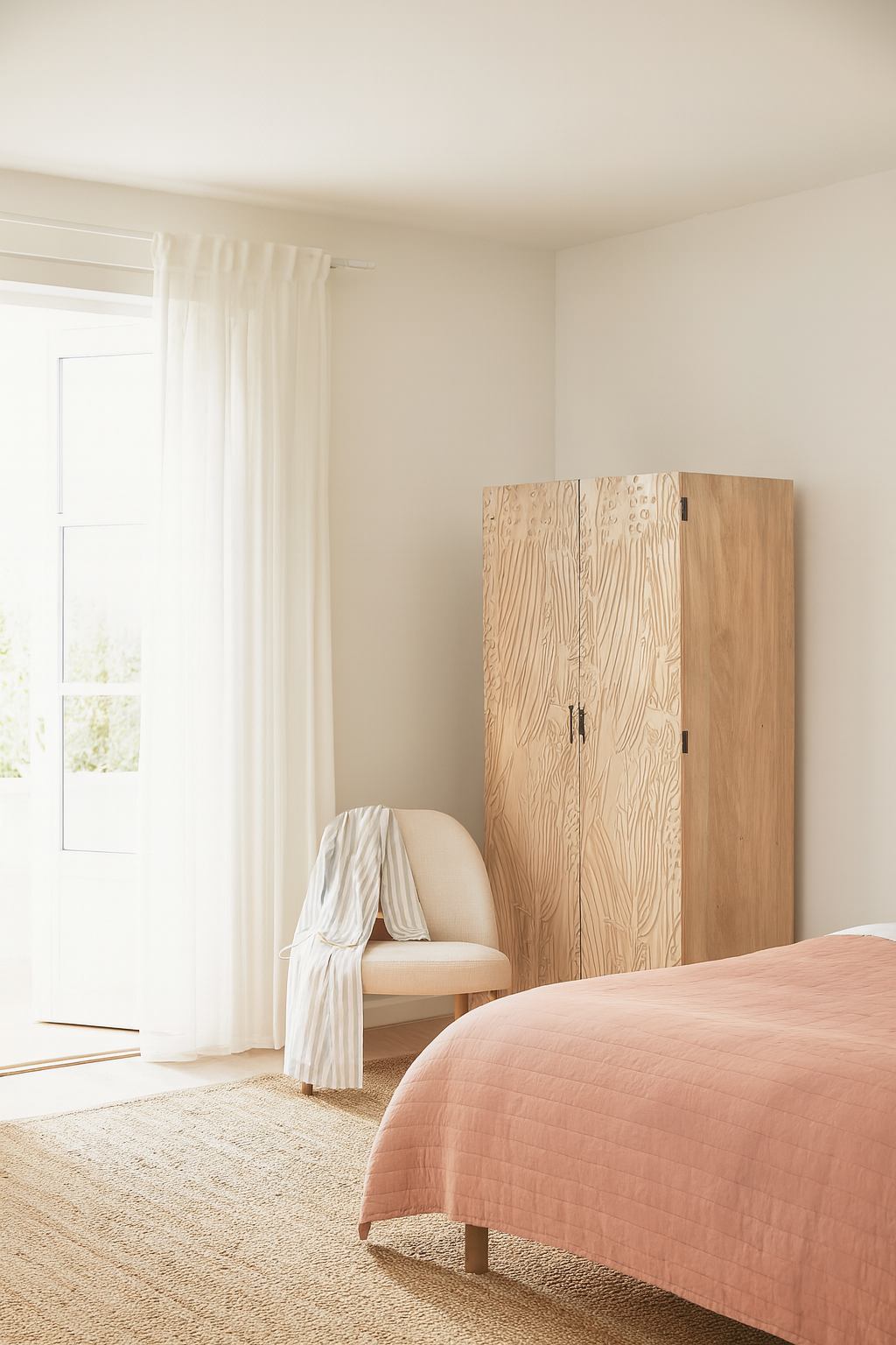Lifestyle imagination of a hand-carved mango wood wardrobe with sandblasted finish and iron stand; artisanal bedroom furniture, 90 × 46 × 183 cm.