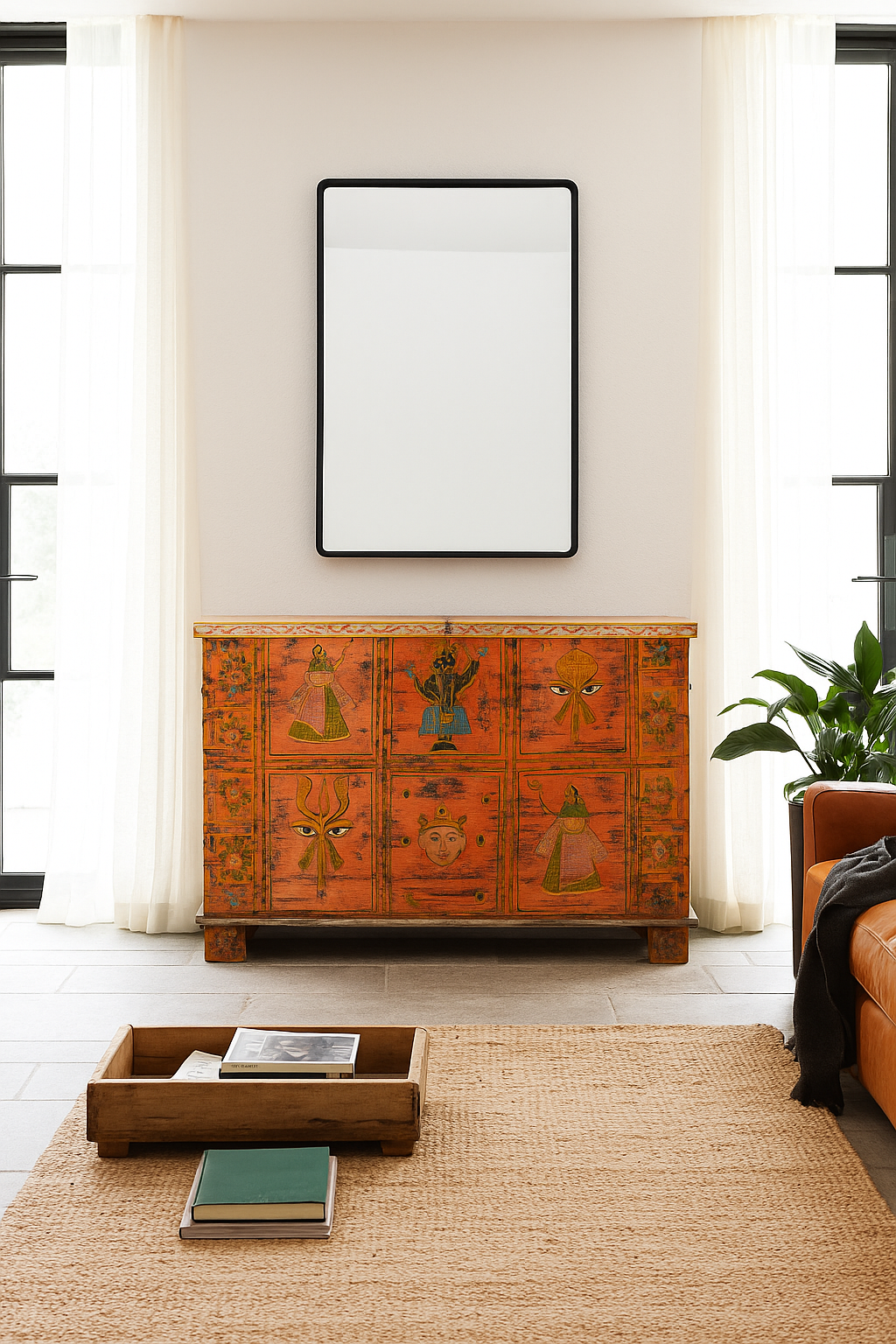Lifestyle image of a recycled teak wood chest with hand-painted Indian motifs in orange – sustainable furniture with vibrant character and cultural craftsmanship.