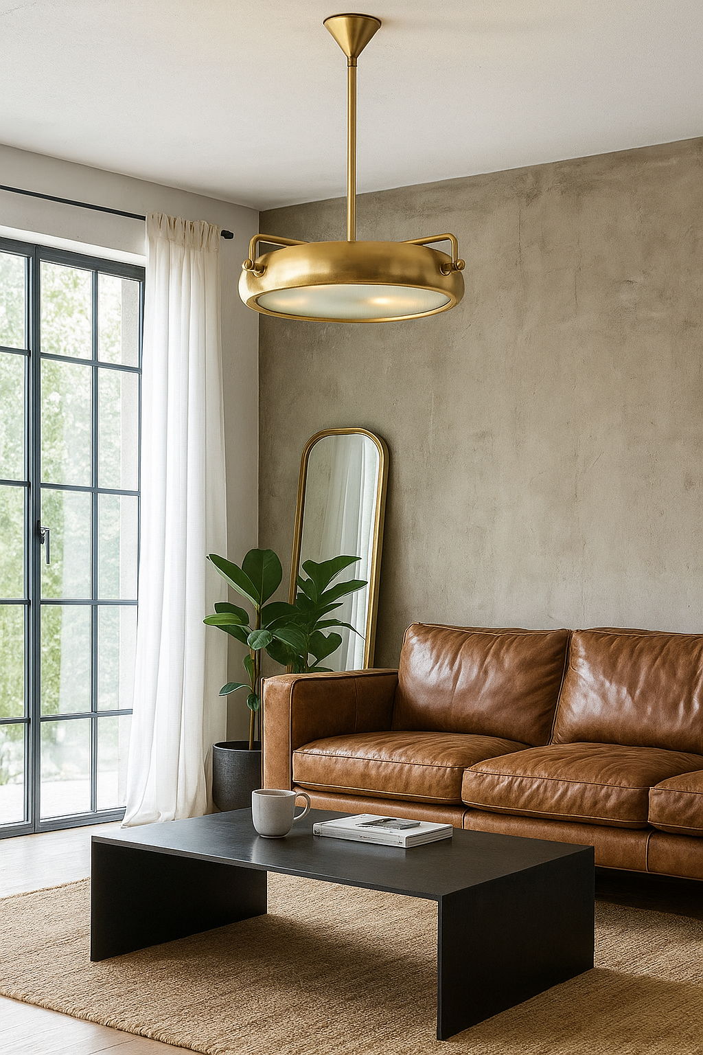 Lifestyle image of a round vintage pendant lamp with a brass-plated iron frame and a clear glass shade, viewed from the bottom showing the metallic structure.