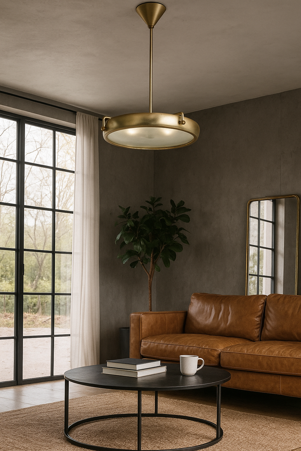 Lifestyle image of a extra-large round pendant lamp with clear glass and brass-plated iron frame – retro lighting and artsy lamp ideal for kitchens, dining rooms, or open living spaces.