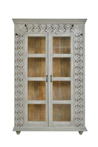 White background image of a handcrafted mango wood cabinet with glass-panelled doors and internal storage – carved wood furniture made from sustainable mango wood with unique natural grain.