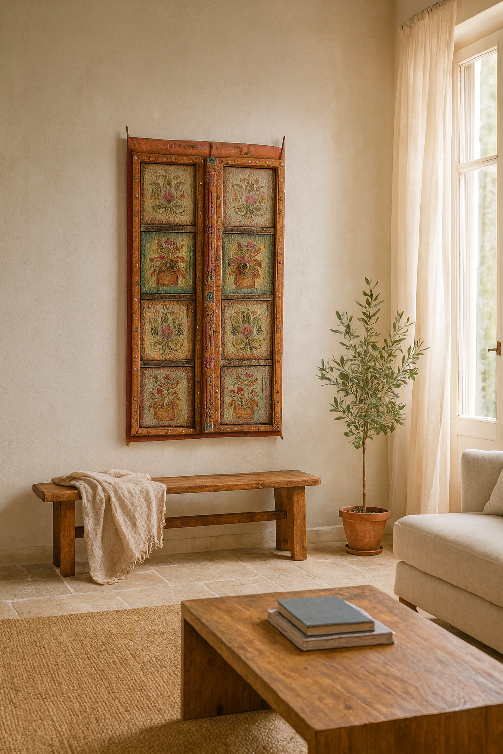 Lifestyle scene with a hand-painted antique teak wood Indian door with floral motifs, rustic orange frame, reclaimed wood vintage wall panels for bohemian and vintage home decor.