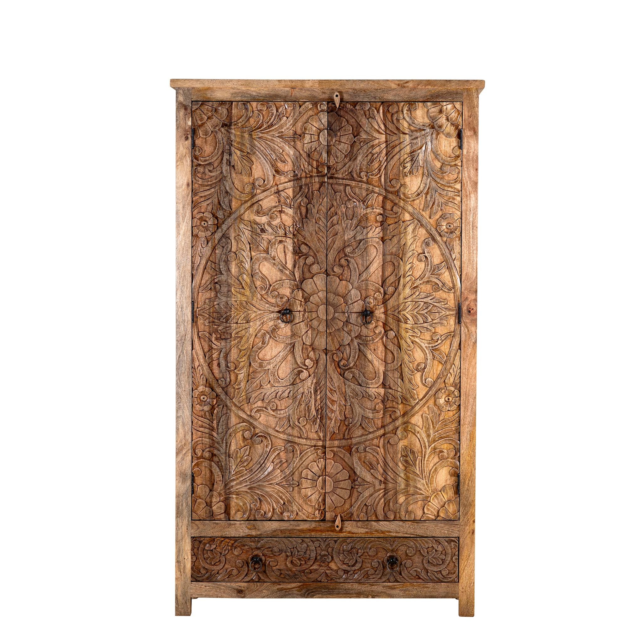 White background image of a mango wood wardrobe with hand-carved floral detailing, Indian carved wooden furniture with bottom drawer, 105 × 40 × 180 cm.