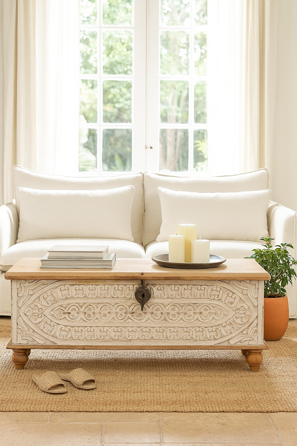 Lifestyle image of a hand-carved mango wood vintage chest with whitewashed finish and iron fittings – elegant storage for bohemian or rustic interiors.