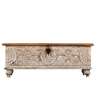 White background image of an Indian storage chest with floral design.