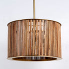 Side angle image of a large rustic pendant lamp made of natural mango wood with brass-clad edges – minimalistic style lighting ideal for dining rooms, kitchens, or spacious living areas.