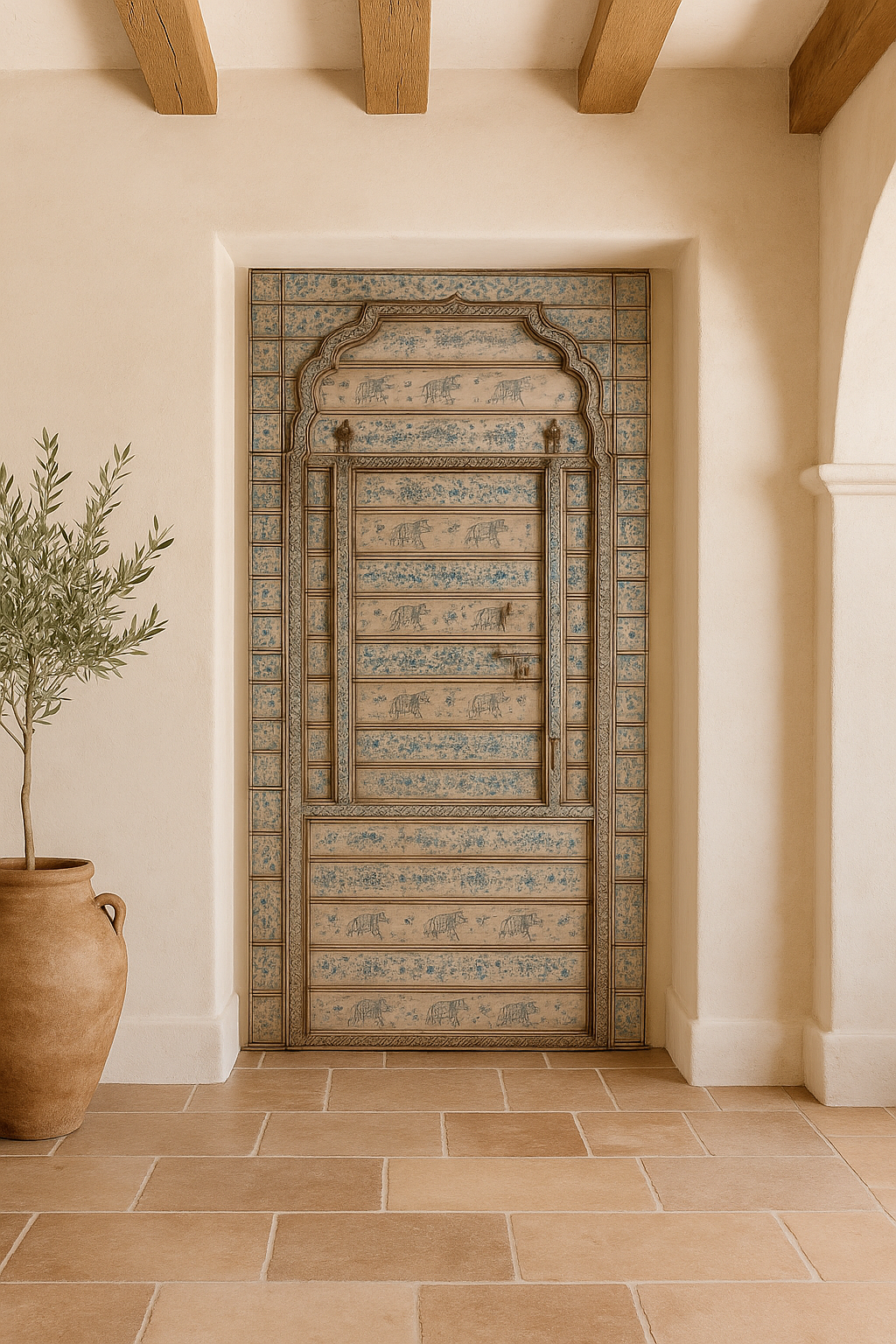 Lifestyle image of an antique hand-painted Indian teak wood door with floral and elephant motifs; vintage Indian doors for wooden wall decoration, 128 × 10 × 250 cm.