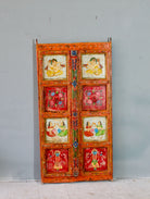 Hand-painted old Indian teak door panel with gods motifs in vintage style.