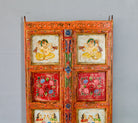 Hand-painted old Indian teak door panel with gods motifs in vintage style.