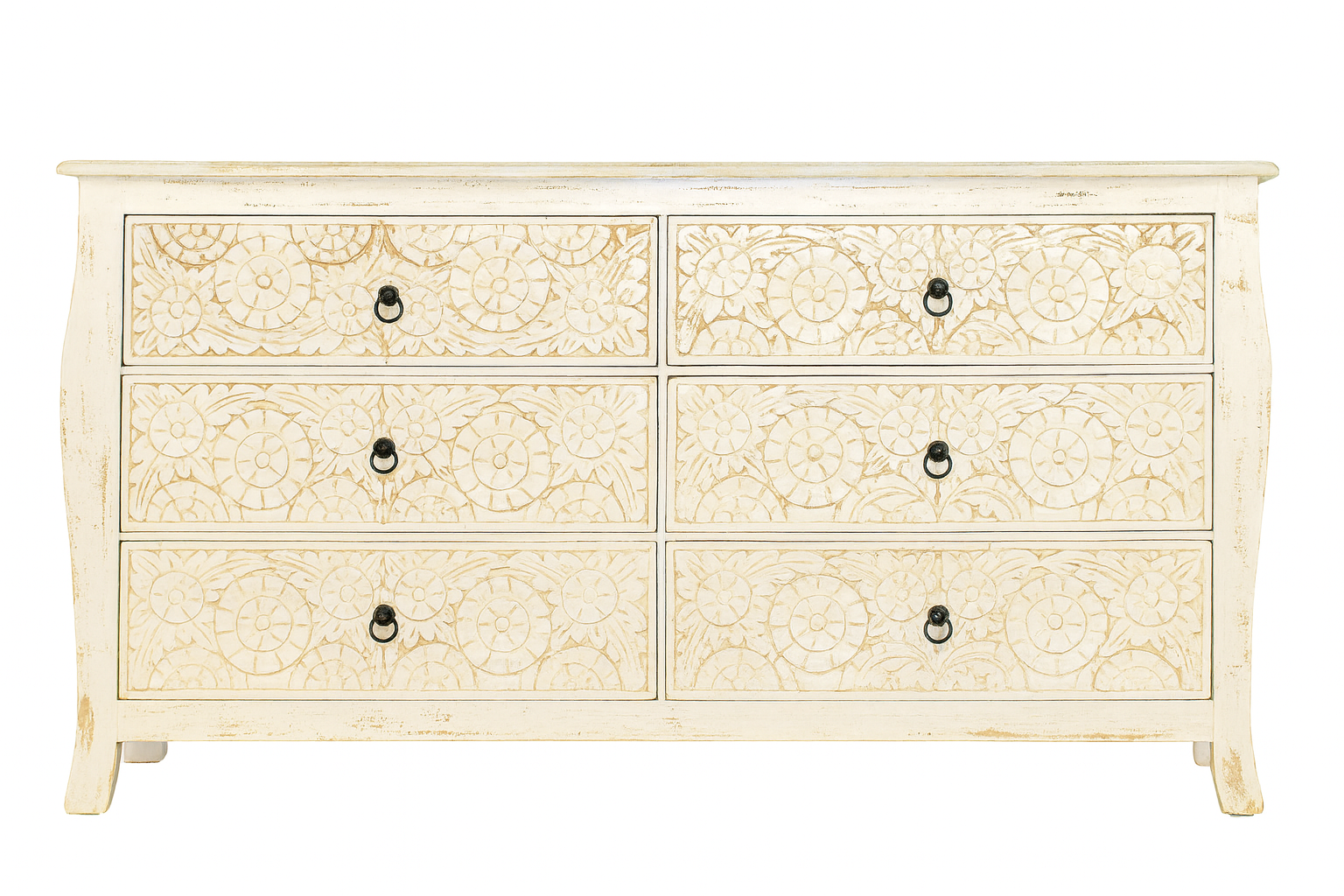 White background image of a handcrafted mango wood drawer chest with six hand-carved fronts, natural finish, and Mediterranean vintage furniture style – Nagpur by Om Home & Garden.