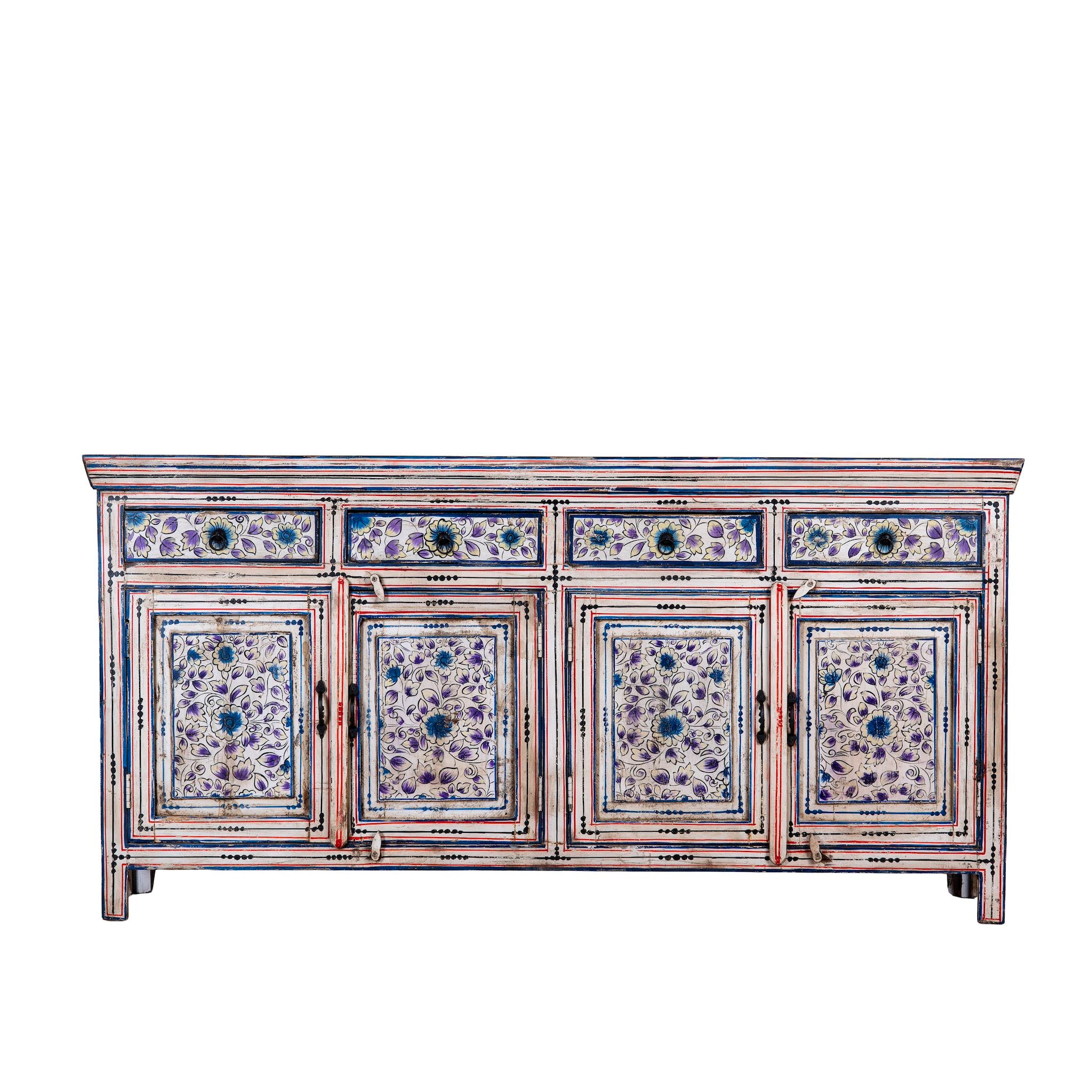 White background image of a hand painted sideboard in reclaimed wood, an artisanal furniture piece with floral motifs and multicolour finish.