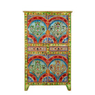 White background image of a hand-painted cabinet made from reclaimed wood with colourful floral motifs – a sustainable furniture piece ideal for expressive Indian home decor.