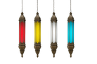 White background image of a tall oriental pendant lamp Ovin made from punched metal and coloured Belgium glass – 100 cm hanging lantern in red, yellow, white, and blue for vibrant atmospheric lighting.