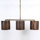 Long wooden pendant light with brass-lined interior and three lights – vintage lighting with natural grain finish, perfect for kitchens, dining areas, or living rooms.