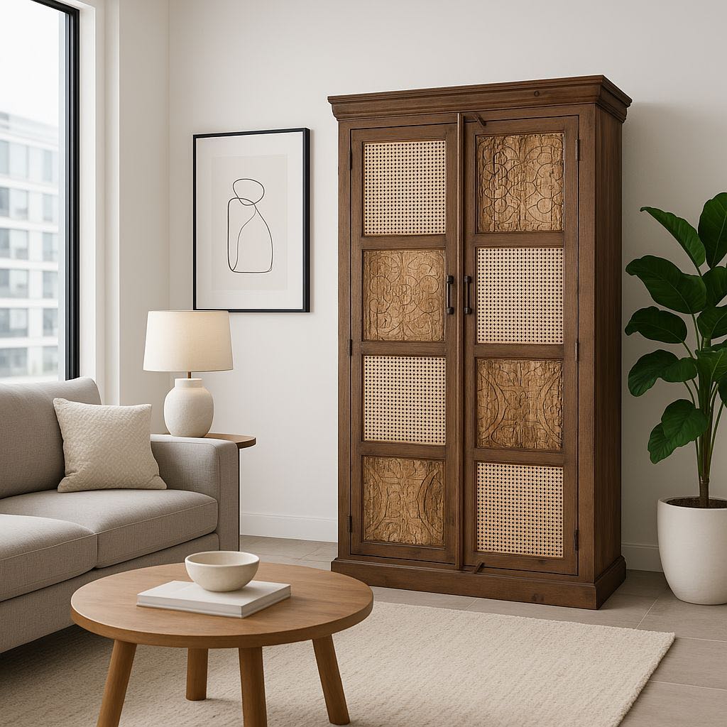 Living room scene of a hand carved mango wood cabinet with floral design, 2 doors and one drawer in vintage design.