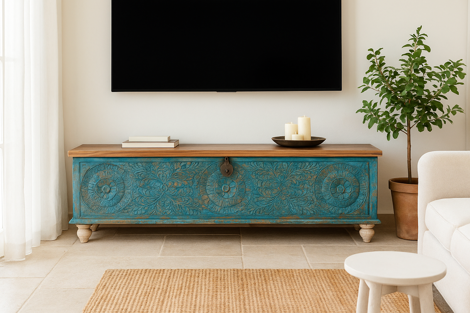 Lifestyle image of a mediterranean-style mango wood chest with natural finish – vintage style furniture ideal as a coffee table or TV stand with storage.