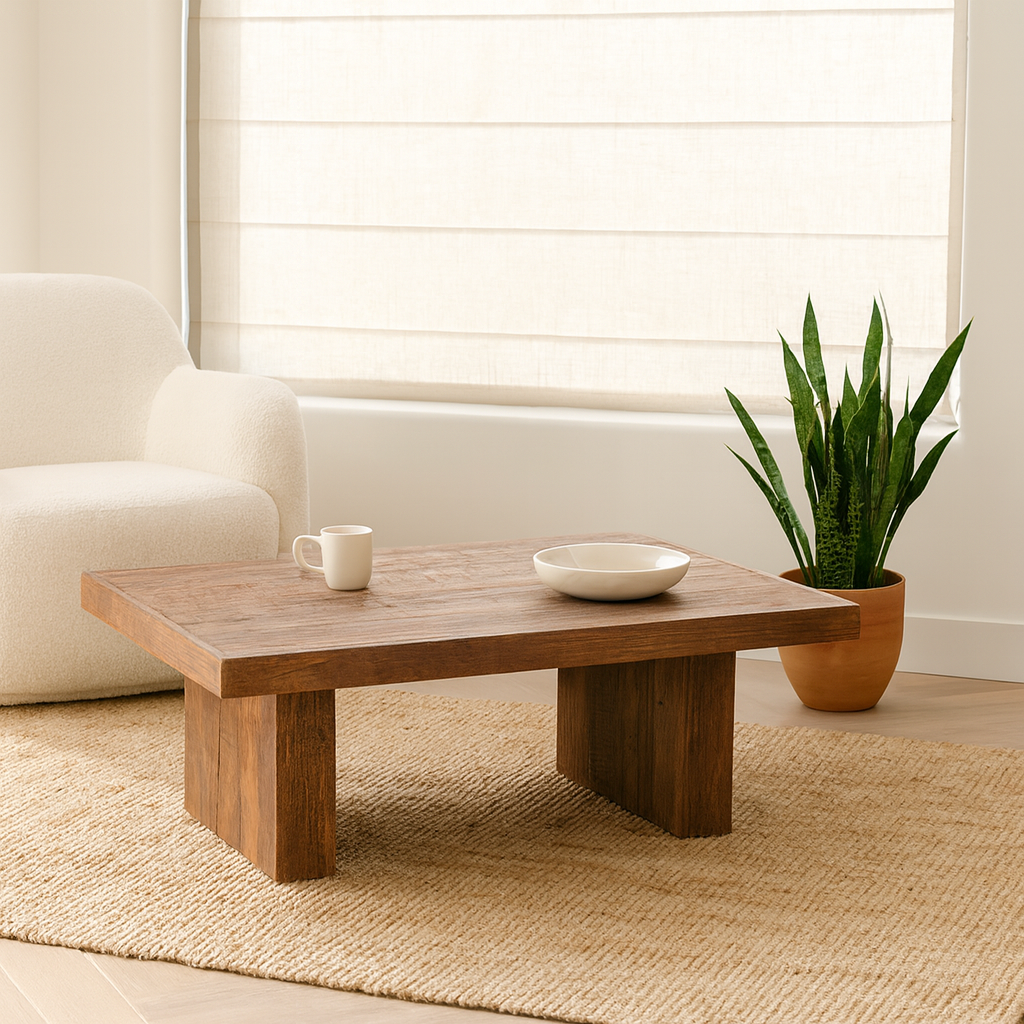 Lifestyle imagination of a rectangular reclaimed wood coffee table with block legs; sustainable furniture for rustic and modern interiors, 120 × 80 × 46 cm.