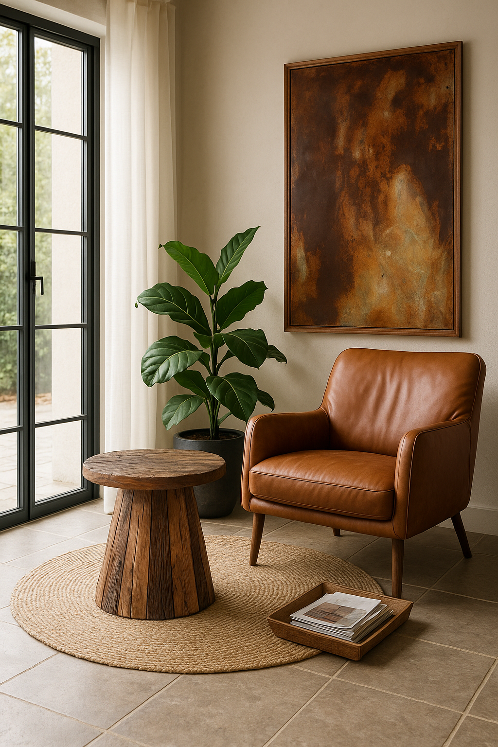 Lifestyle imagination of a sustainable driftwood coffee table with conical base, handcrafted from reclaimed wood with rustic minimalism, 45 × 54 cm.