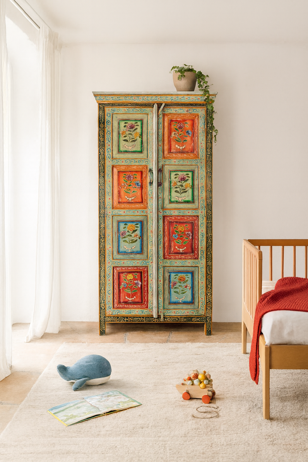 Lifestyle image of a hand-painted sustainable teak wood cabinet with floral motifs – Sangrur by Om Home & Garden, a one-of-a-kind piece of sustainable furniture with artistic expression.