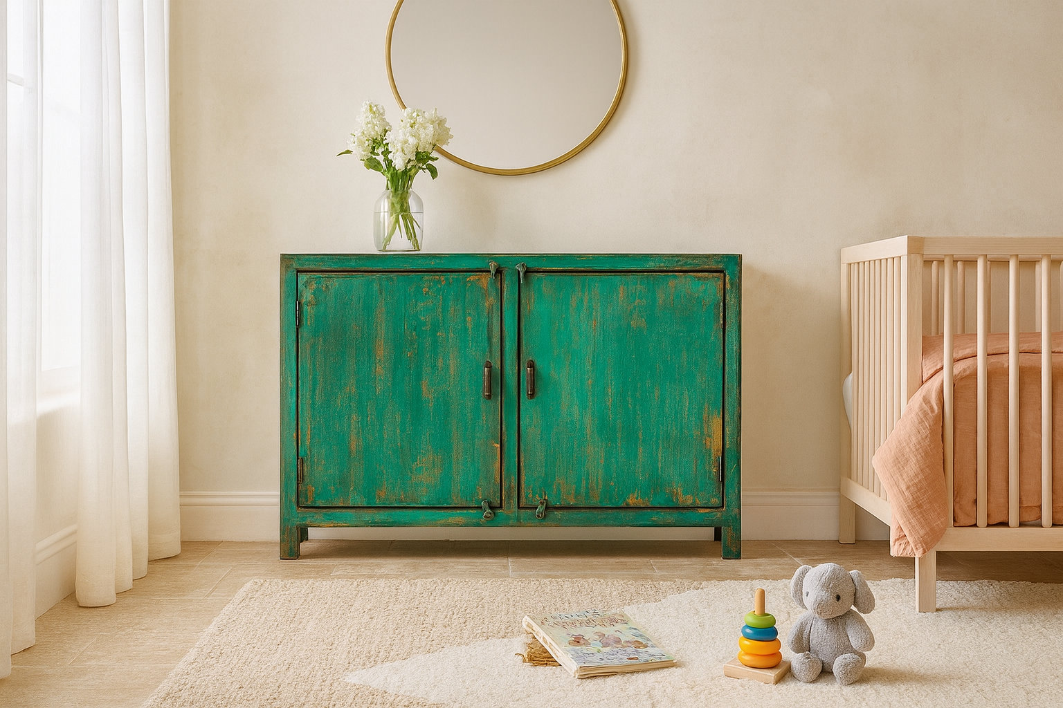 Lifestyle image of a handcrafted sideboard made from reclaimed teak and recycled wood, hand-painted in green – sustainable furniture with artistic character.