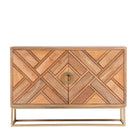 White background image of a handcrafted mango wood sideboard with tiled front design, brass stand, and handles—minimalistic style furniture blending natural warmth with refined elegance.