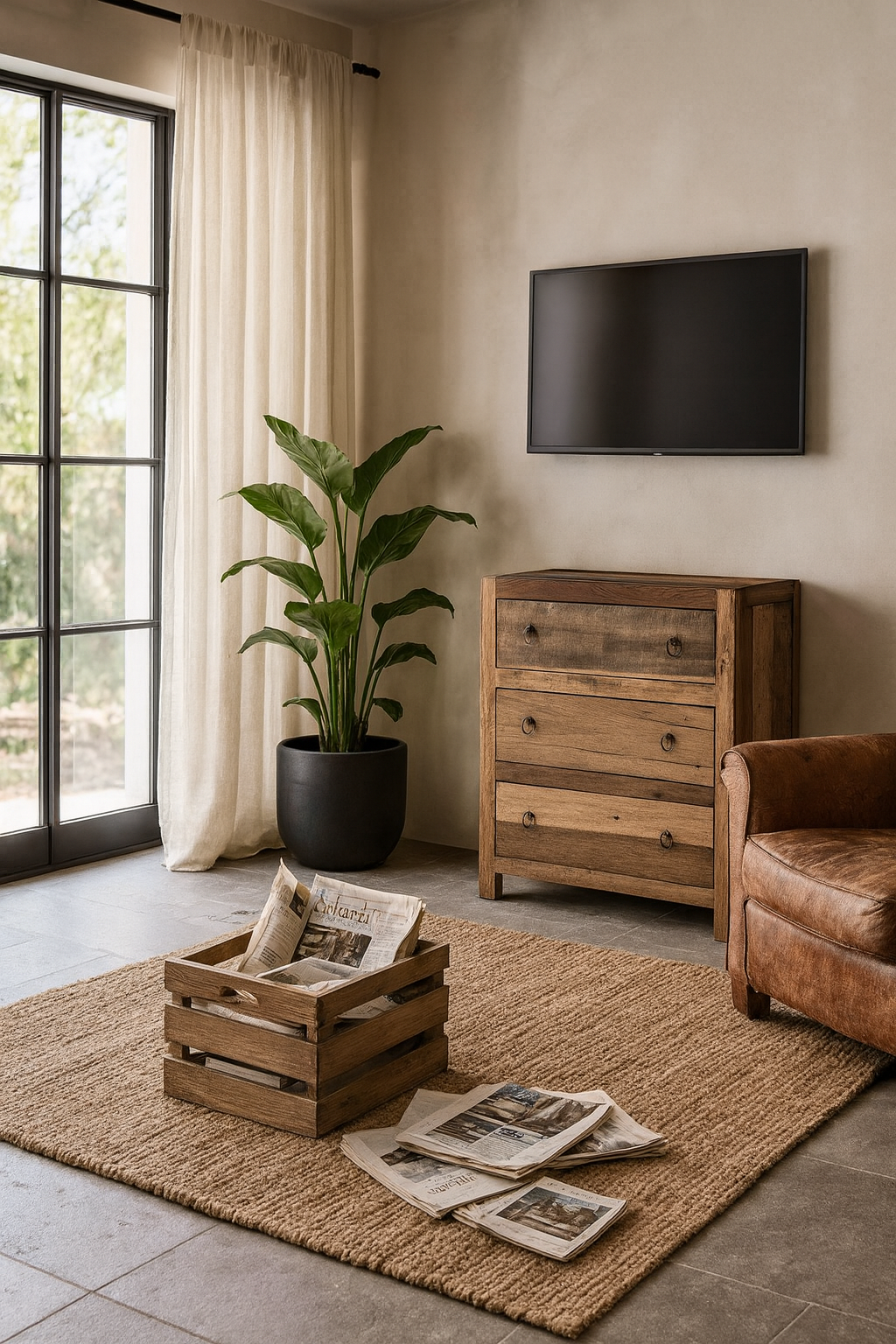 Lifestyle imagination of a sustainable furniture chest of drawers made from reclaimed driftwood-style wood with iron ring handles, 80 × 45 × 85 cm.