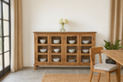 recycled teak wood showcase sideboard with four glass-framed doors and six compartments – sustainable teak wood furniture offering timeless design and eco-conscious storage.