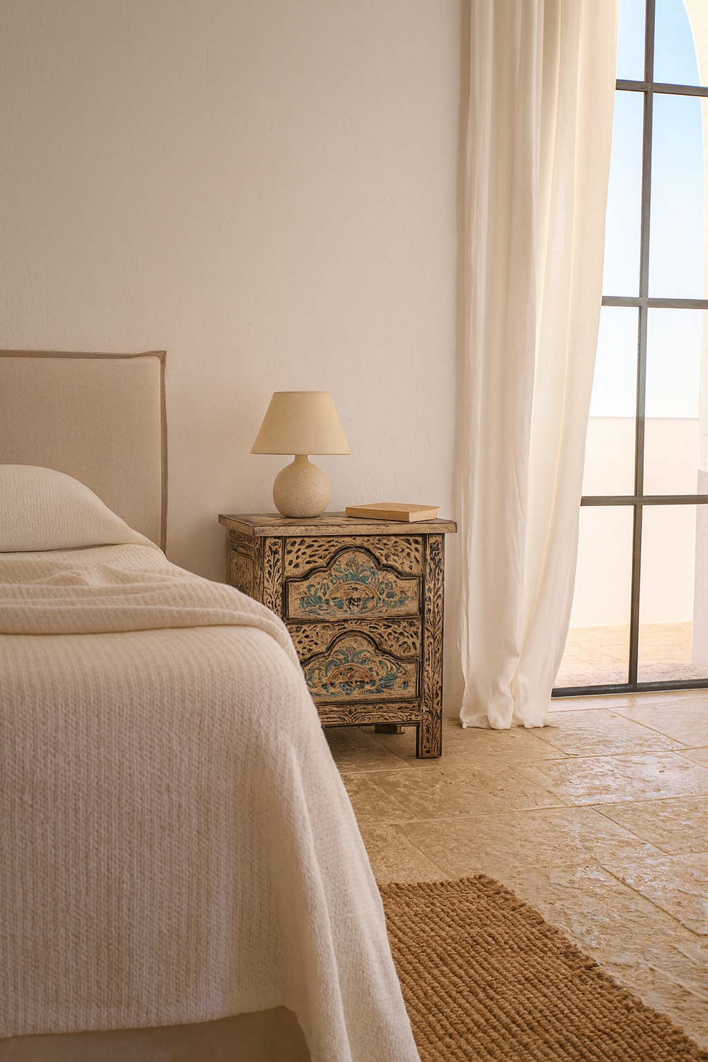 Lifestyle scene with a pair of hand-painted nightstands made from reclaimed wood, featuring floral motifs in soft turquoise and black with intricate carved detailing and two drawers for storage.


