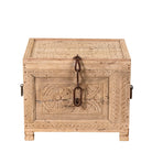 White background image of a hand-carved teak wood chest with iron details – perfect for Ibiza style interior and sustainable storage with artisanal flair.