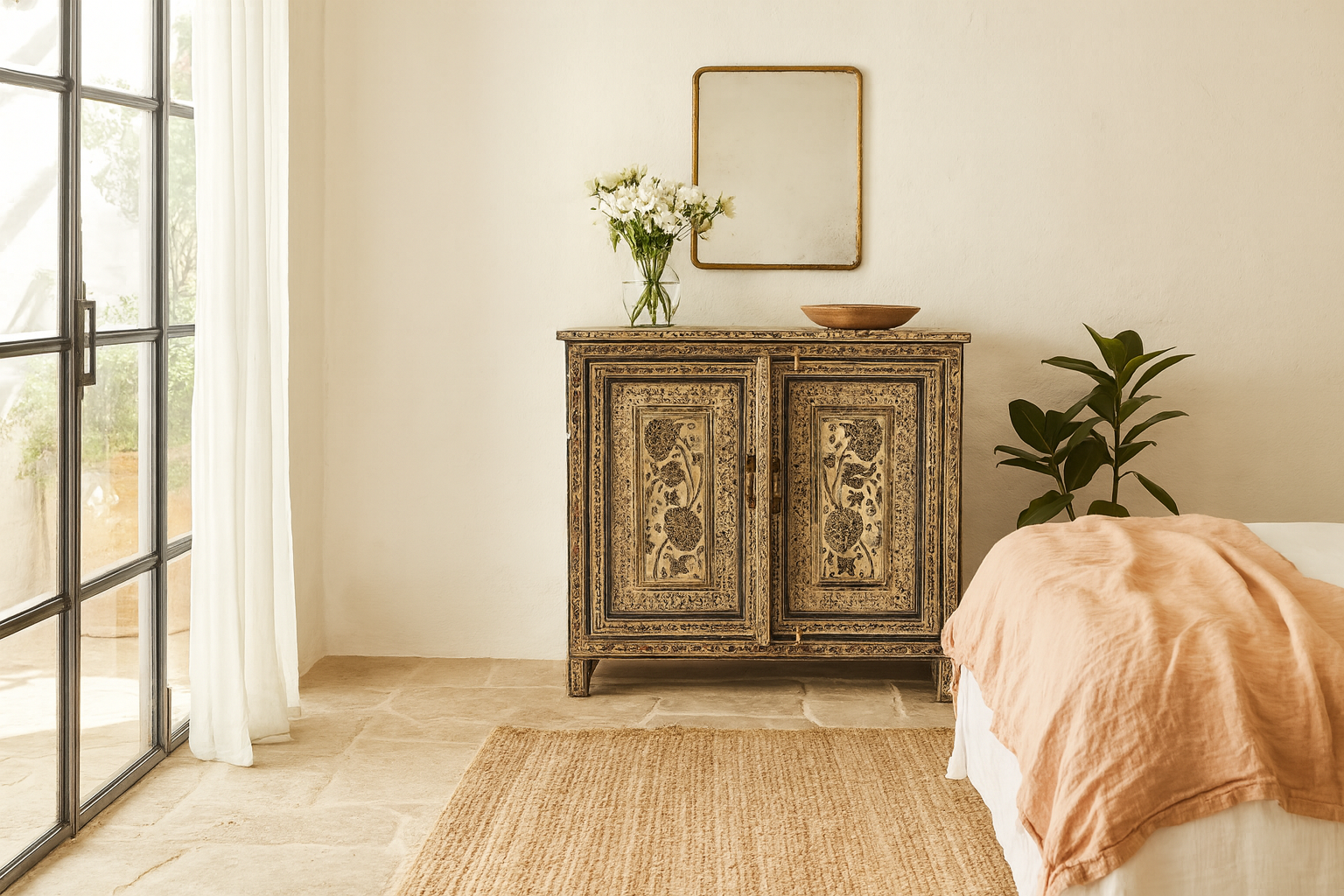 Lifestyle scene with a hand-painted cupboard made from reclaimed wood with Indian floral motifs; ideal for boho chic living room or unique furniture decor, 100 × 92 × 36 cm.