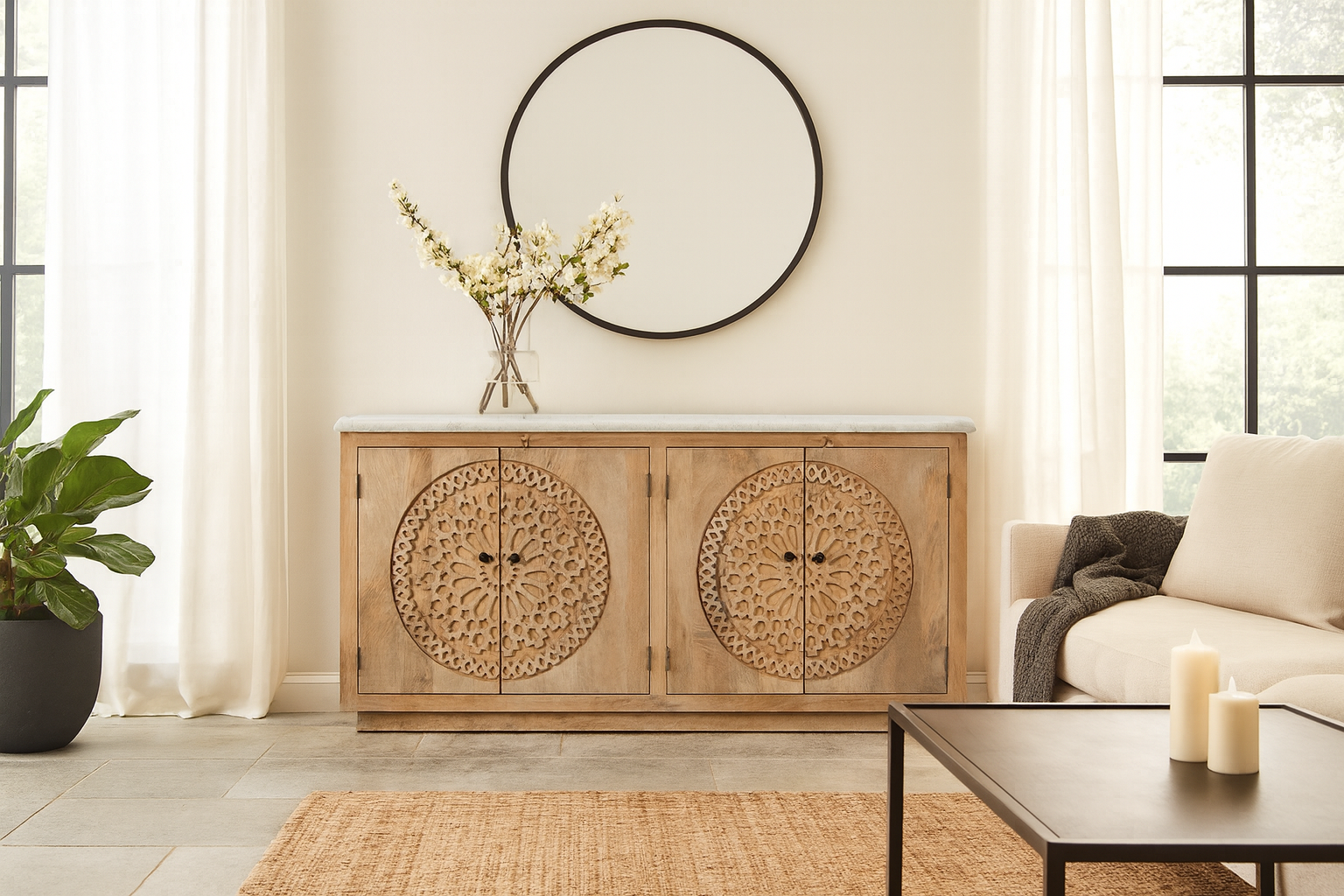 Lifestyle imagination of a handcrafted acacia wood sideboard with slidable white marble top and circular hand-carved doors – elegant wood carved furniture for refined interiors.
