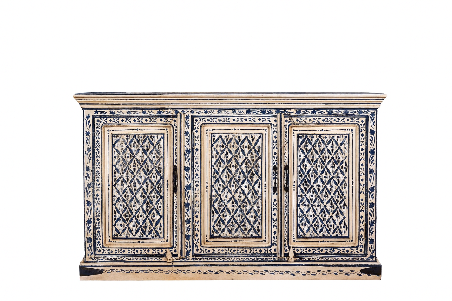 White background image of a hand-painted sideboard made from reclaimed wood in indigo and cream tones – a handcrafted piece of reclaimed wood furniture perfect for hand painted interiors.