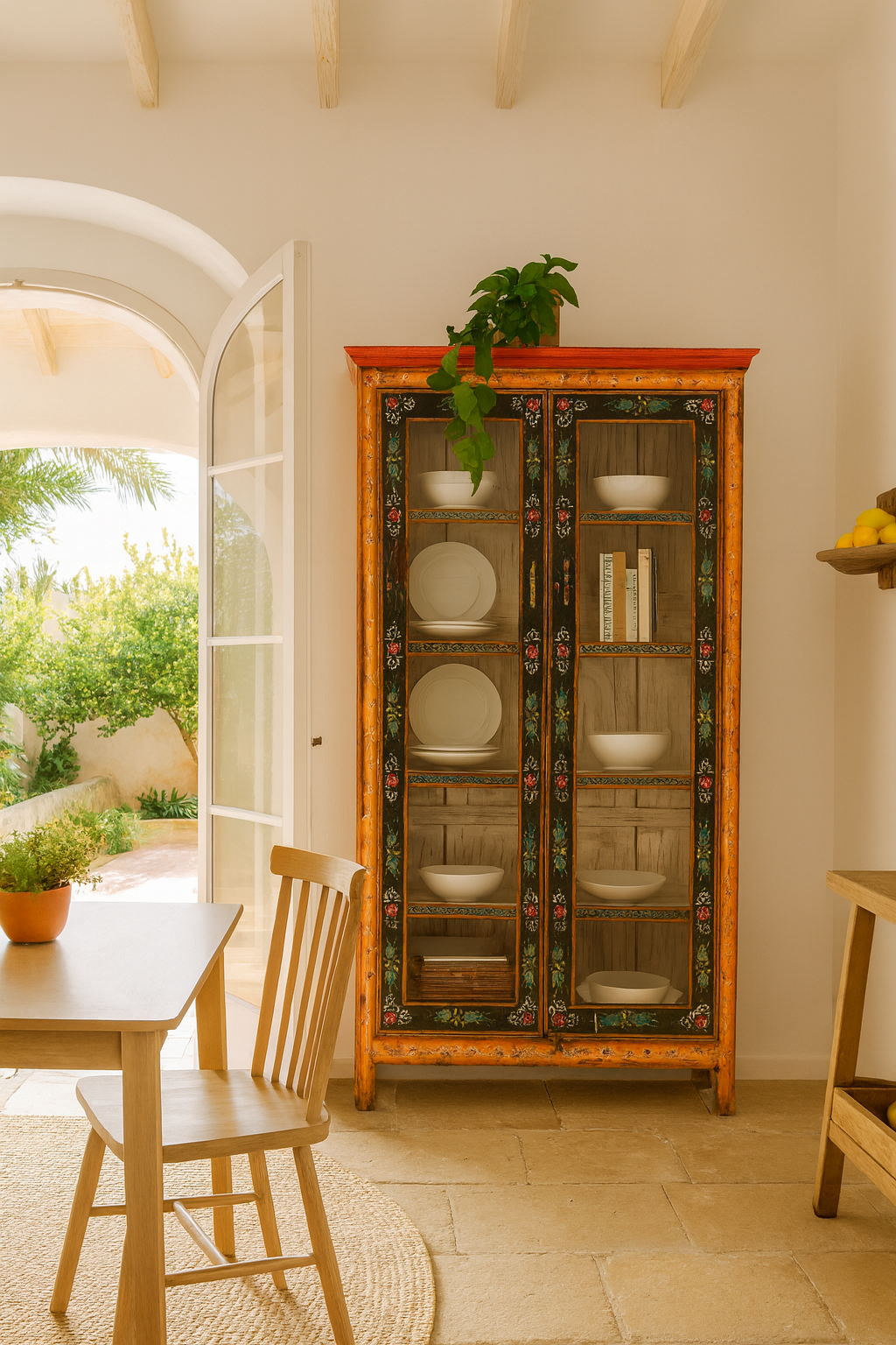 Lifestyle image of a hand-painted reclaimed wood showcase with floral motifs and glass doors – sustainable furniture combining vintage charm and traditional craftsmanship.