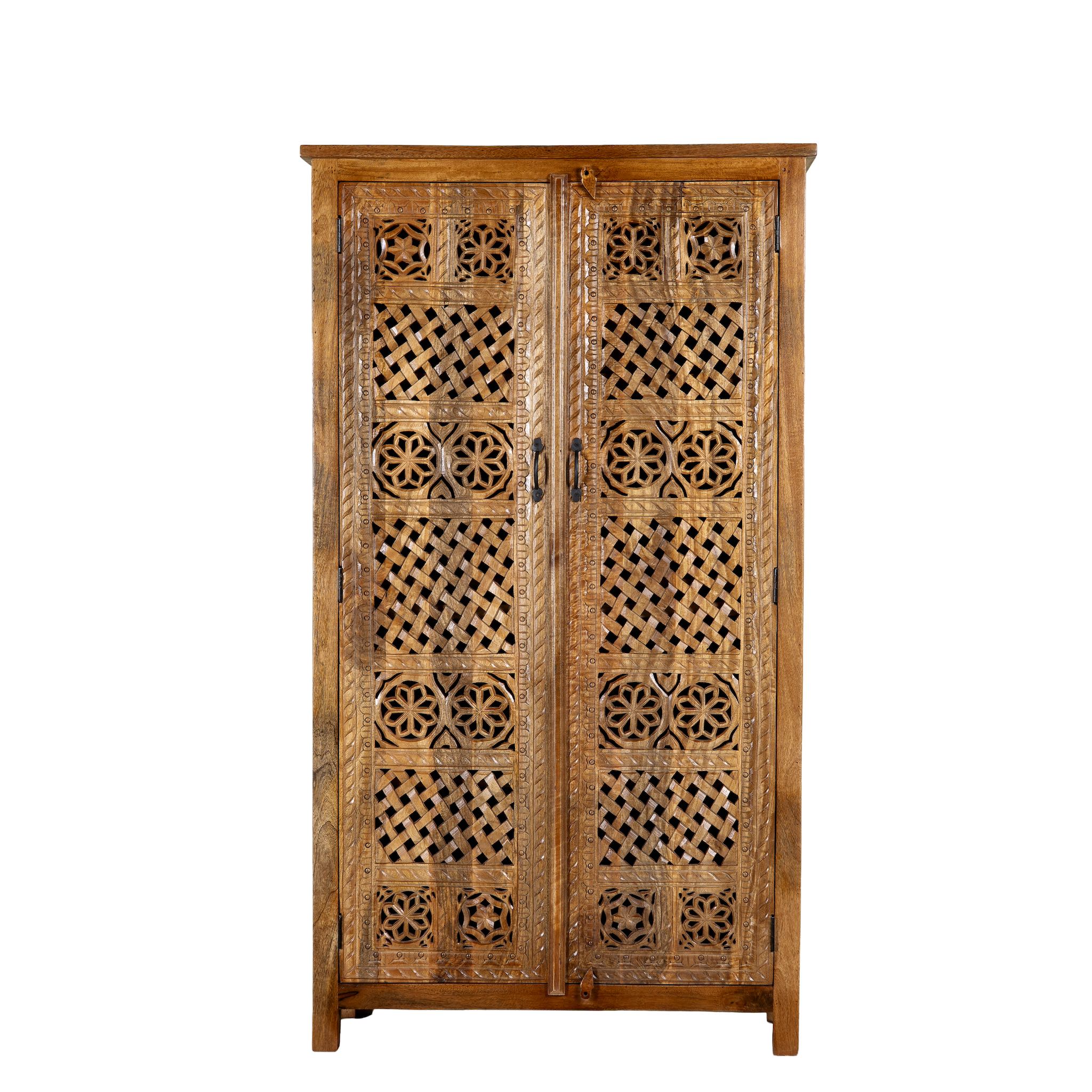 White background image of a hand-carved mango wood wardrobe with floral and lattice motifs – a detailed piece of carved wood furniture ideal for natural mango wood interiors.