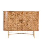 White background image of a handmade teak wood cabinet with chevron pattern, brass stand, and handles—minimalistic style living room furniture with modern and natural appeal.